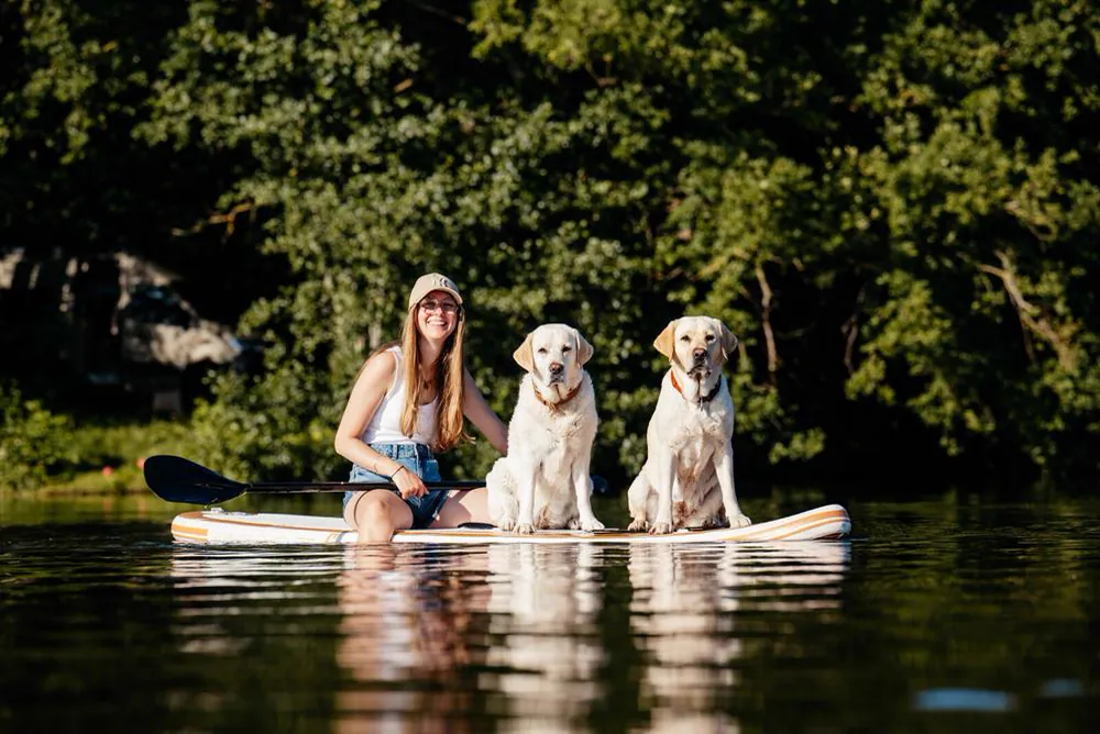 Tomke mit den Hunden auf dem SUP