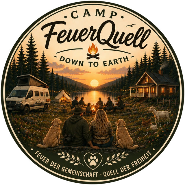 Logo von Camp FeuerQuell, Down to Earth, Feuer der Gemeinschaft, Quell der Freiheit